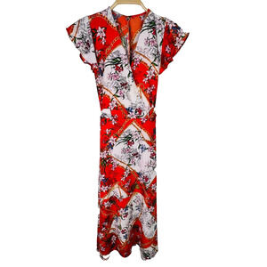 Cortefiel Women's Size Medium Floral Dress V Neck Ruffle‎ Sleeve